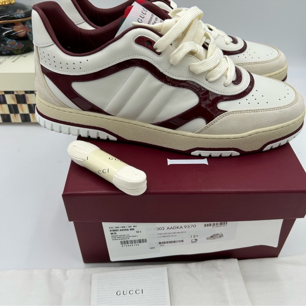 Men’s Gucci re-Web sneakers in white leather with red accent size 12.5 Italy - Picture 2 of 13